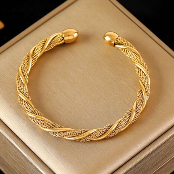 Gold Plated Stainless Steel Braided Cuff Bracelet | Adjustable Open Bangle - Picture 2 of 3